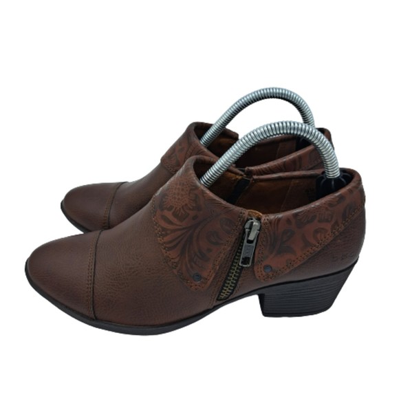 BOC Born Womens Size 6 Clogs Brown Embossed Leather Booties Zipper Heels EUC - Picture 1 of 9